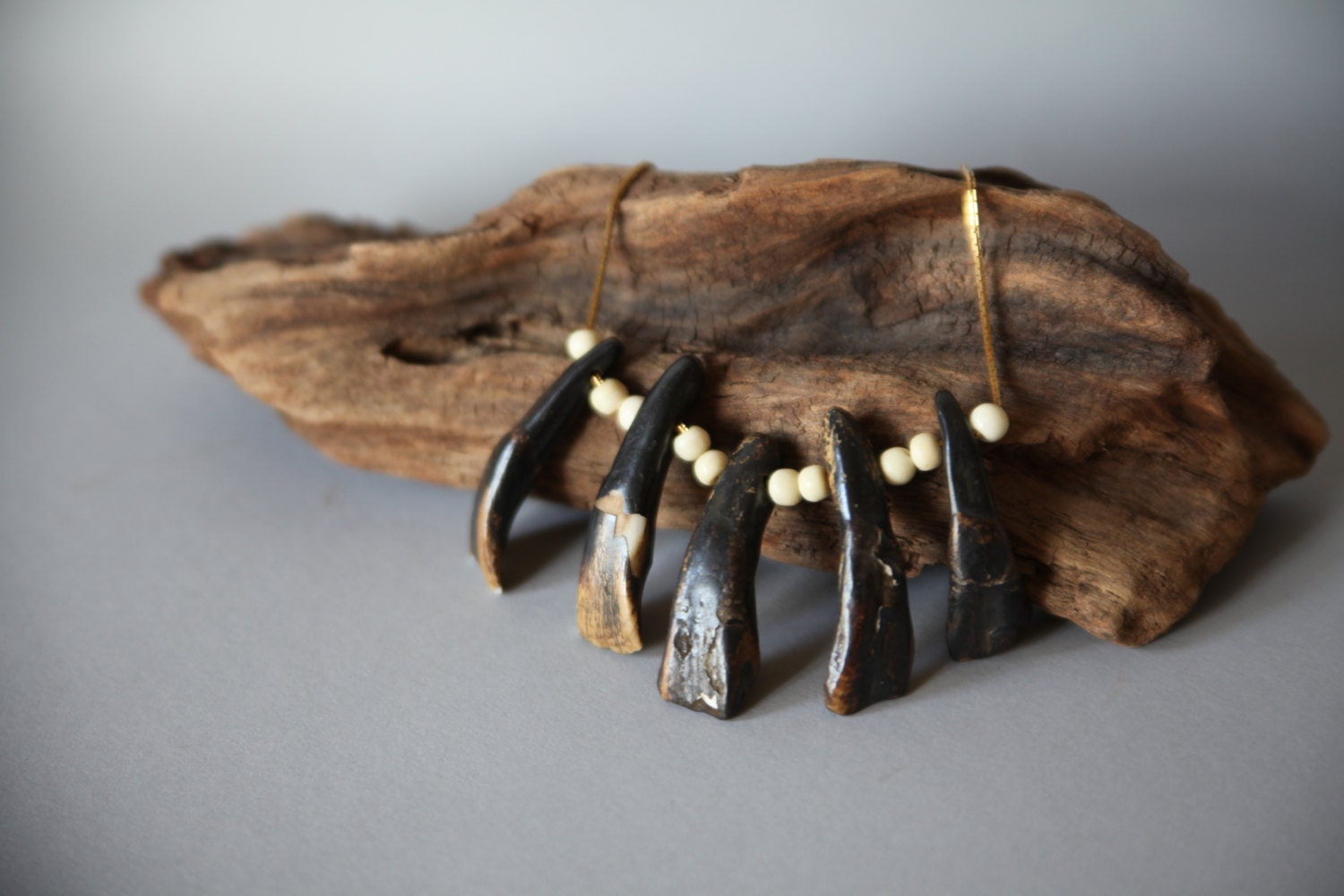 Buffalo Teeth & Bone Bead Necklace on Vintage Gold Chain