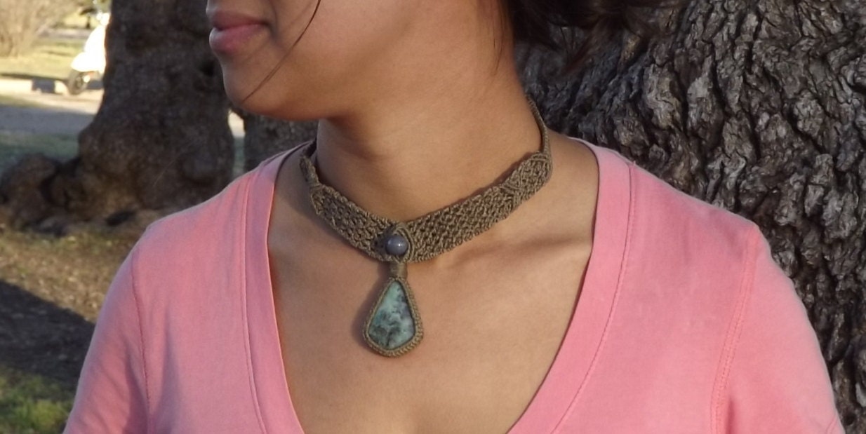 Handmade Macrame Necklace with Chrysoprase Gemstone-Tribal