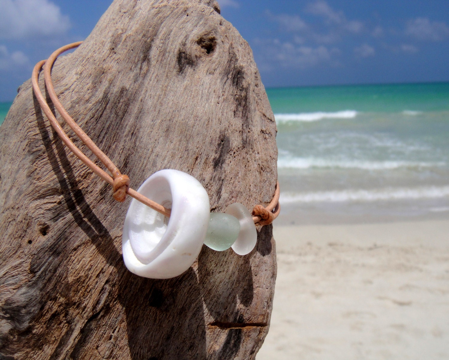 Hawaiian Puka Shell, Bright Aqua Tiny and Clear Tiny Beach Glass on India Leather Cord Completely Adjustable & Stackable Bracelet