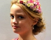 Vintage look bridal floral hat with white and pink flowers. Perfect for bridesmaids or flowergirls