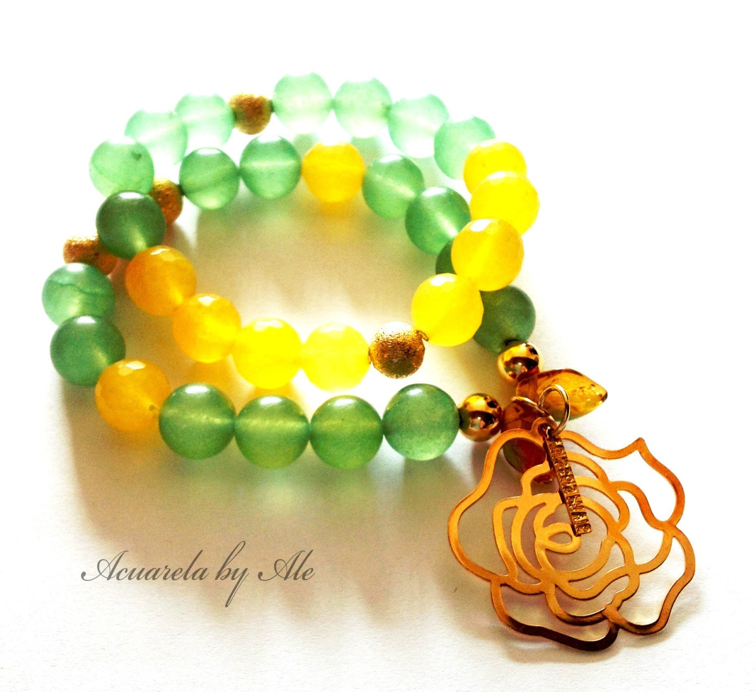 Set of two elastic bracelets . Yellow and green bracelets. Spring bracelets. Rose charm. Acuarela.