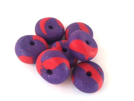 Purple and Red Polymer Clay Beads - Set of 7 Handmade Beads