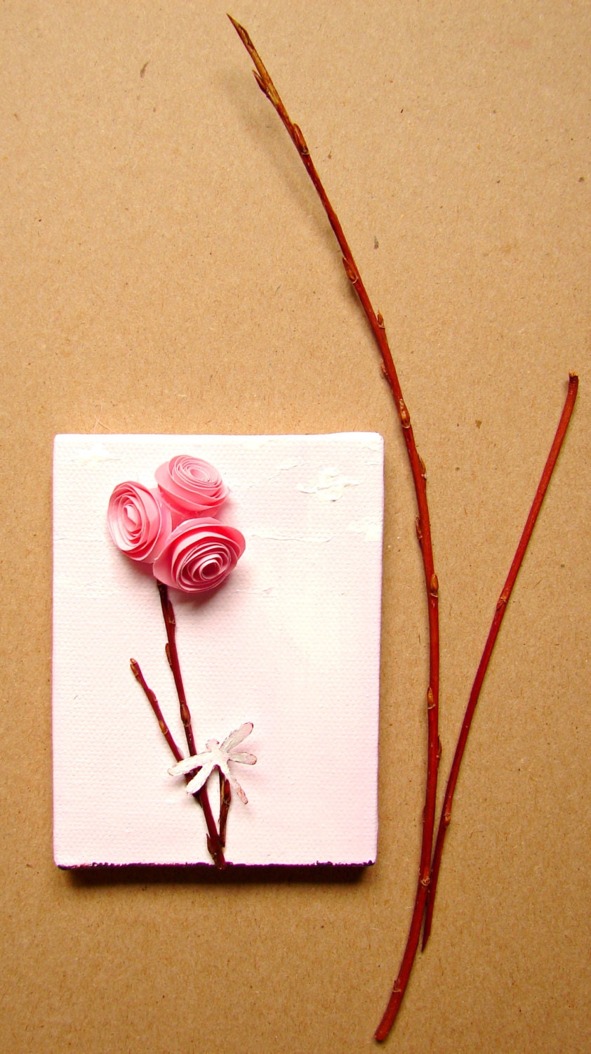 Bride Pink Paper Rosettes & Pussy Willow Branch, Bridal Bouquet,Graduation Gift, Birthday for Her-Home Decor, Mixed Media Art on Canvas OOAK