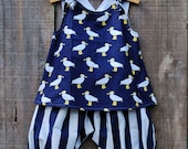Baby Girl summer Pinafore Top and Harem Pants in Navy and White Seagull Print - Size 18m