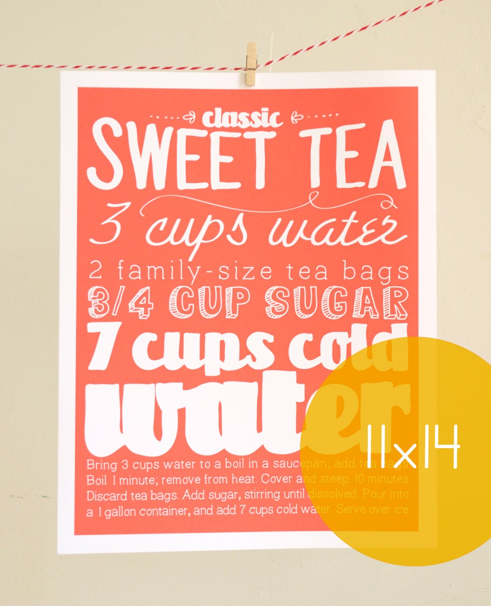 11x14 Sweet Tea Kitchen Art Recipe Print with Handlettering