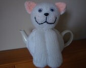 Hand Knitted Cat Tea Cosy - White Cat design
