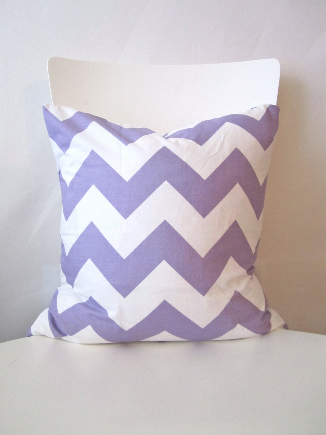 16 inch throw pillow cover, Chevron lavender purple and white. Wide stripe Zigzag pattern, modern print. For indoor use.