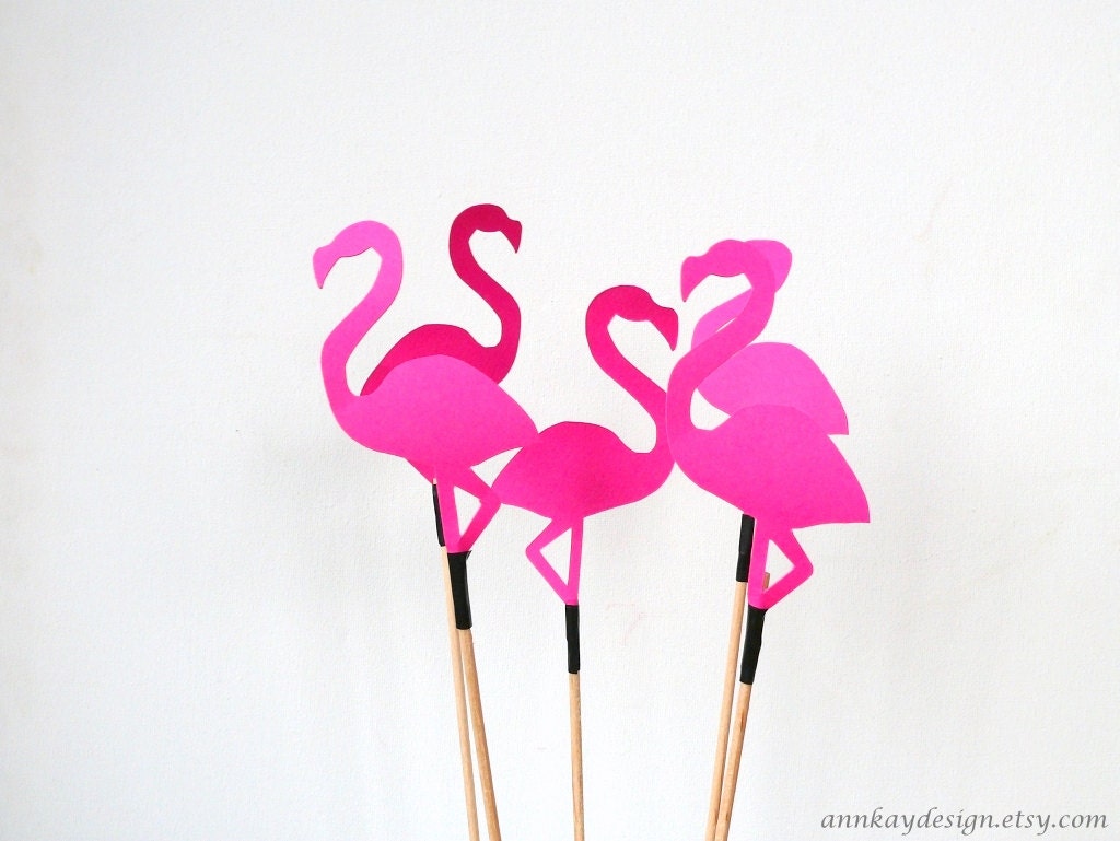 Flamingo Cake Flags Drink Stirrer Pink Paper Flamingoes Set of 5