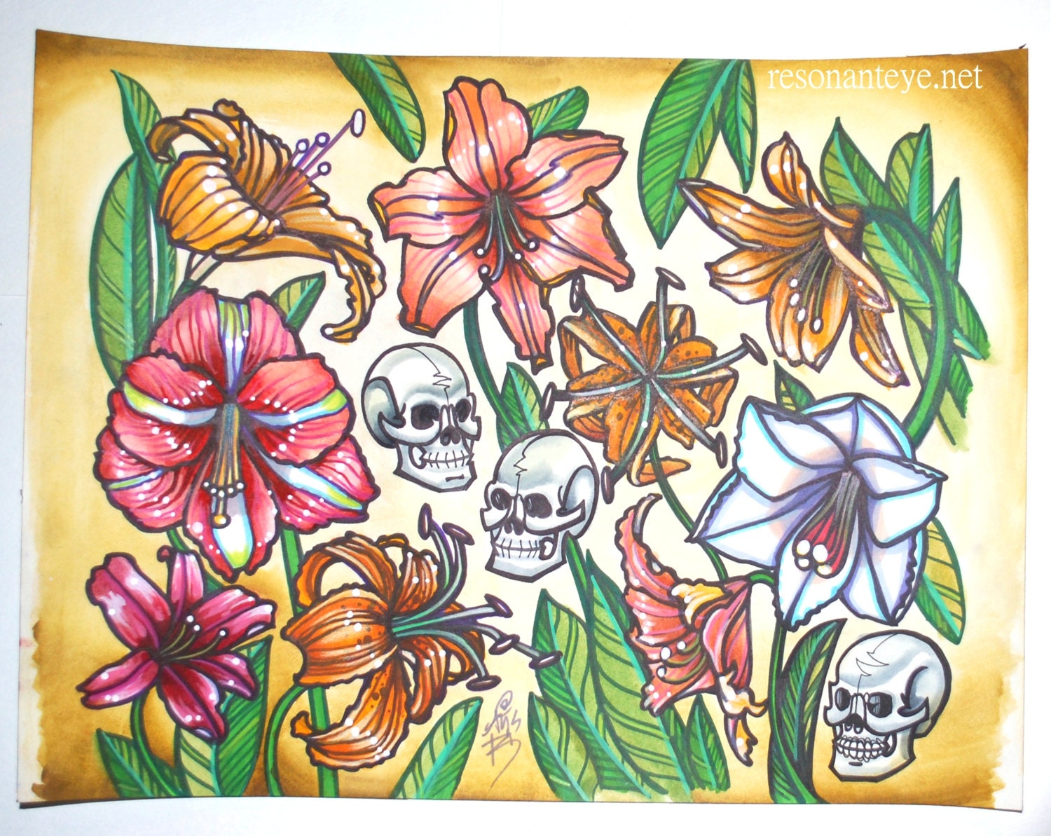 nine lilies, tattoo flash, handpainted tattoo flash, original, floral art