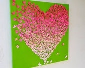 Pink Ombre Butterfly Heart on Lime Green/ 3D Butterfly Wall Art / Nursery Art /Children's Room Decor / Engagement / Wedding Gift