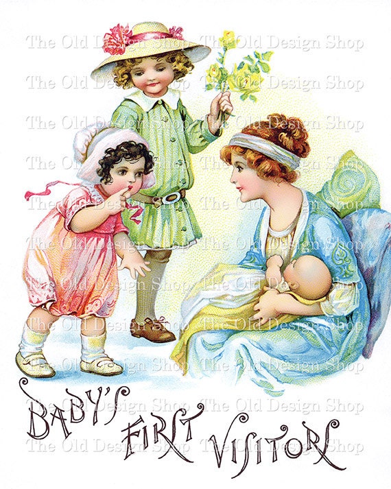 Vintage Baby Digital Image Printable Clip Art First Visitors for Cardmaking Mixed Media Graphic Design Etc