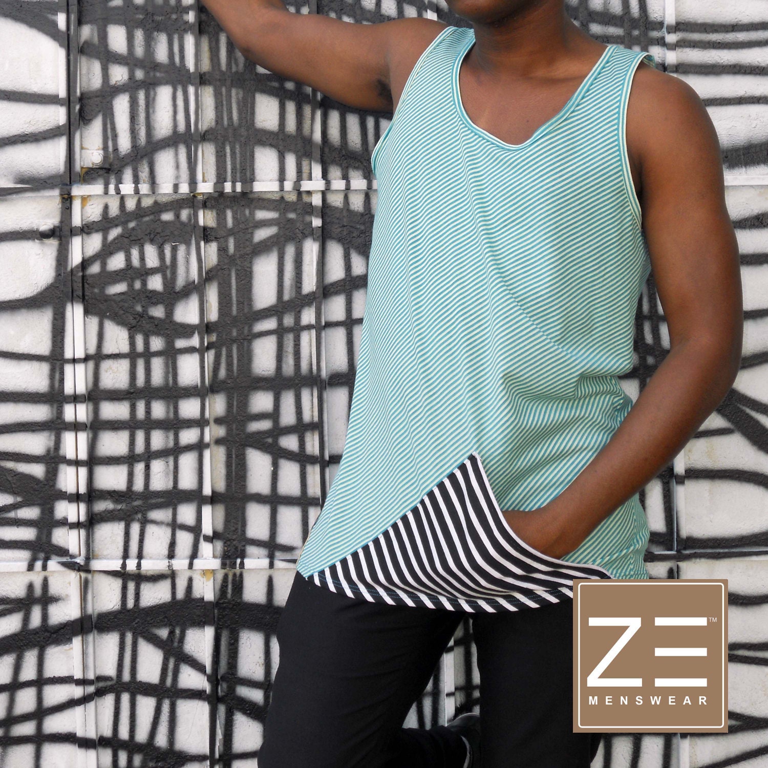 Contrasting Stripes, Geisha, Men, Aqua and Black, Medium, Pocket, Tank