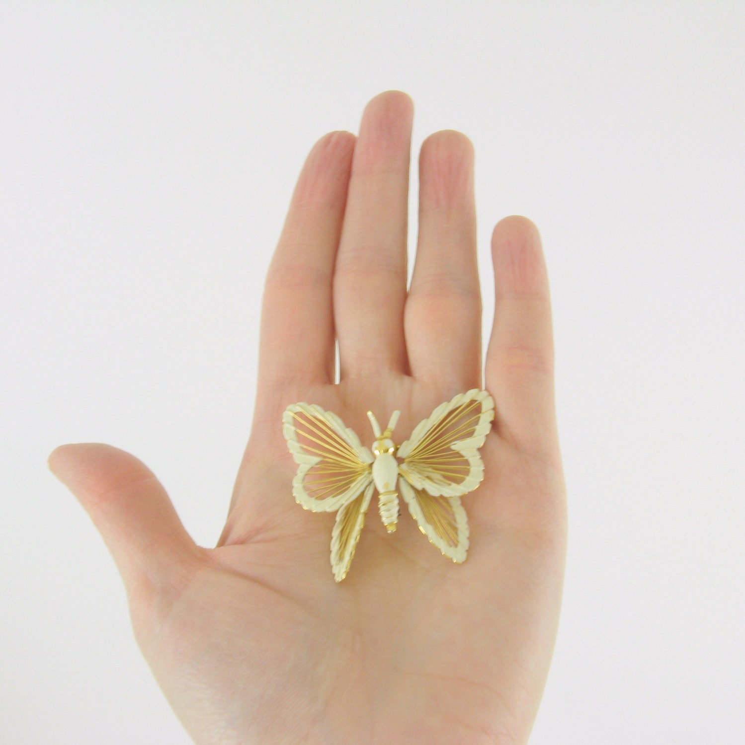 Vintage Monet Butterfly Brooch - 1960s Gold and Cream Enamel - TwoMoxie