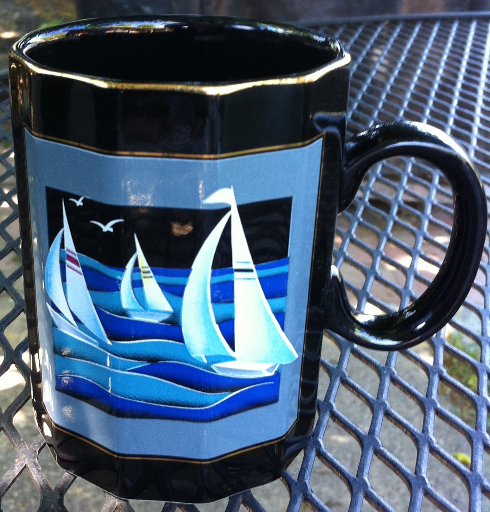 OTAGIRI SAILBOATS 12-Sided MUG . Gold Trim . Stoneware . Japan