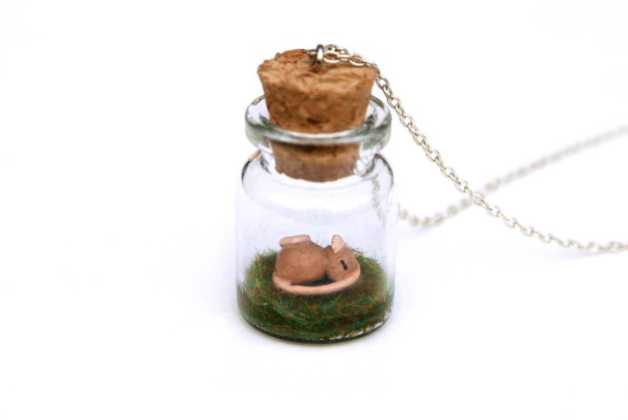 Mouse in a Jar Necklace - Miniature mouse sleeping on a bed of grass inside a 3cmx2cm glass jar. 16 inch chain.