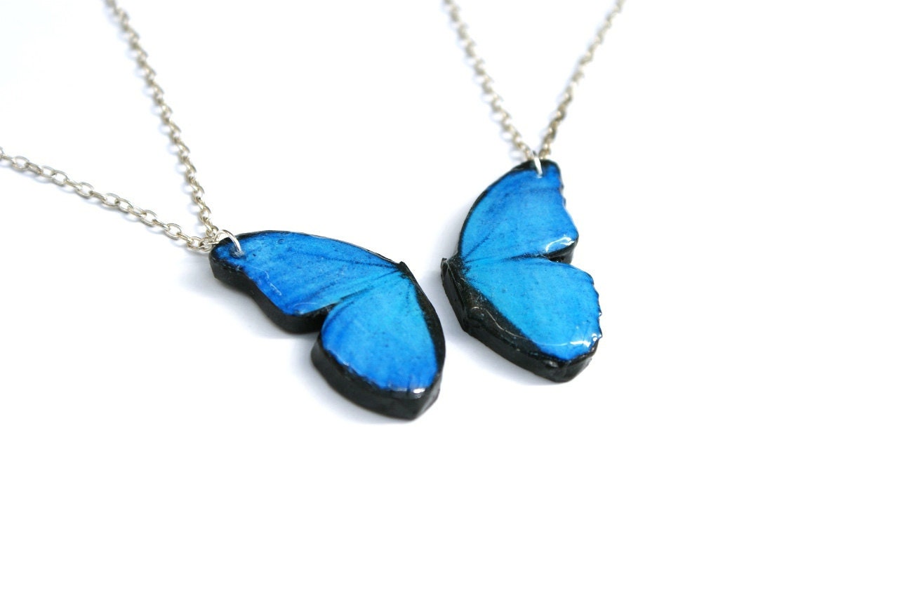 Blue Butterfly Friendship Necklace, Blue Morpho, 16 inch chains