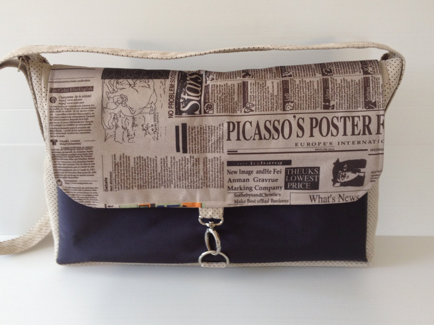 vegan messenger bag, 15.6" laptop bag, outside pocket bag, cross body bag black and newspaper print messenger bag , over the shoulder bag,