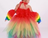 Tutu Dress - Paradise Parrot - Red & Rainbow -Scarlett Macaw Halloween Costume - 5-6 Youth Girl