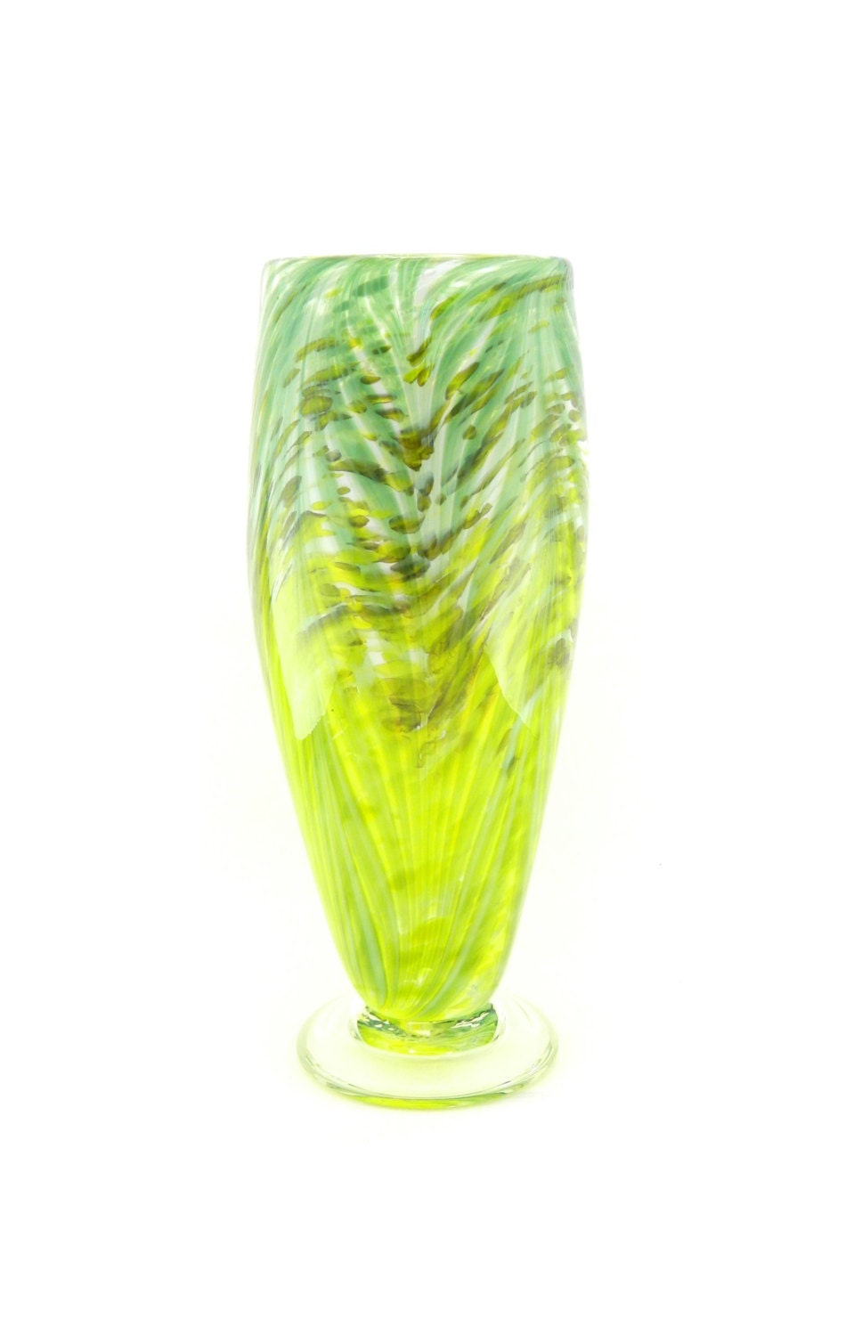 Hand Blown Art Glass Vase - Bright Lemon Yellow, Lime Green, and White - Tropical - Botanical