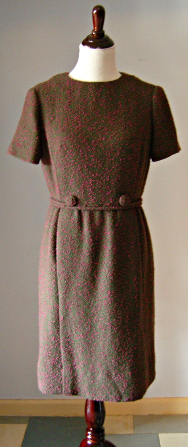 1950s 1960s Mid Century Olive and Pink Nubby Knit Wool Dress Fully Lined