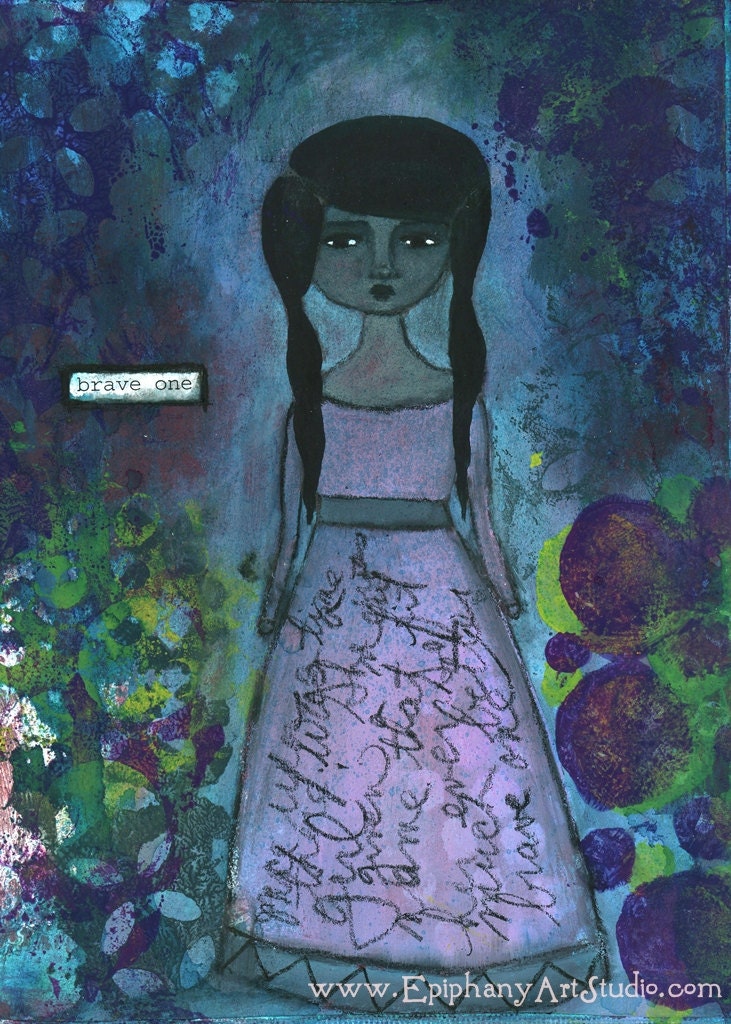 Giclee Print - 5" x 7" Brave Girl, Dark Inspirational Mixed Media Decor, Pink Turquoise Purple Wall Art, Whimsical Word Art - "Brave One"
