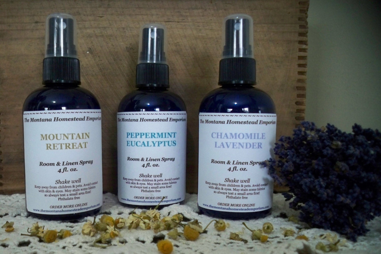 3 pack aromatherapy room and linen spray day spa calming retreat chamomile lavender eucalyptus Montana made fragrances