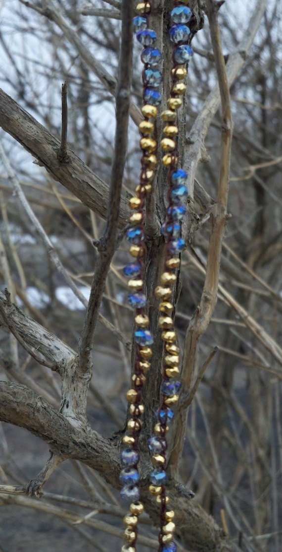 Gold Pyrite and Sapphire Blue Aurora Borealis Crocheted Crystal Spirit Necklace