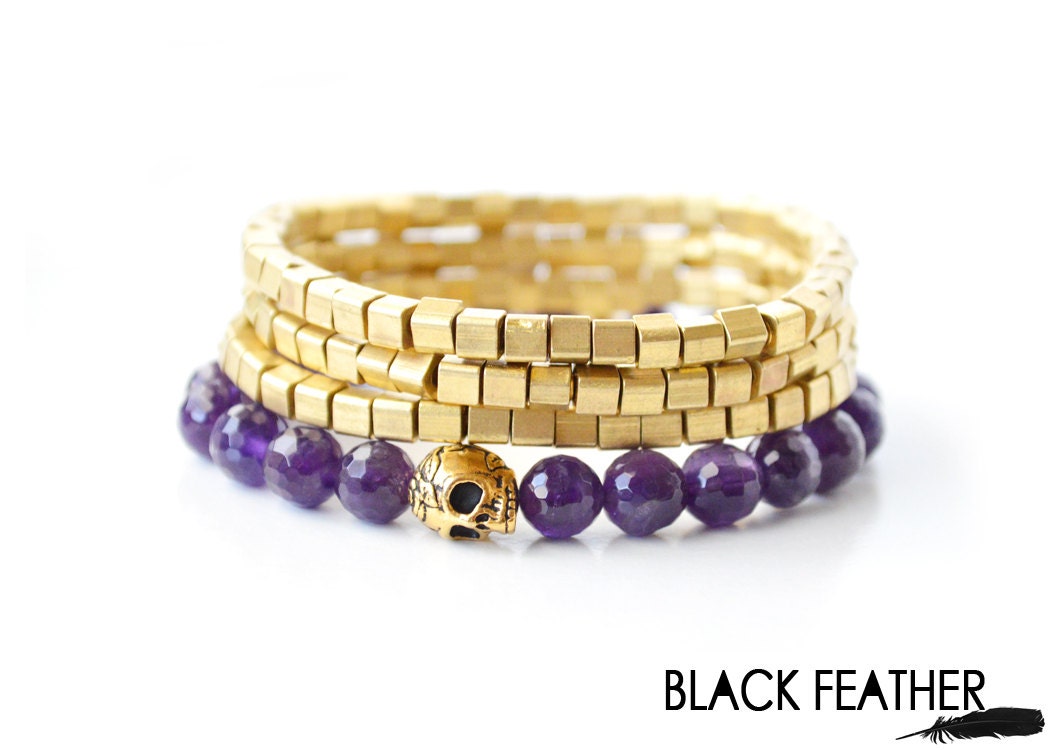 Purple Amethyst and Gold Skull Bracelet - 22kt