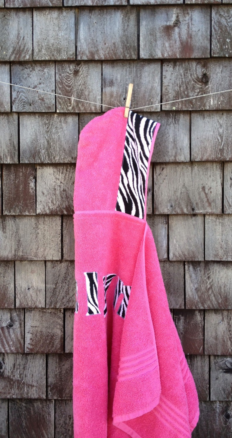 Girls Personalized Hooded Towel Pink with Zebra Fabric Beach Pool Bath Towel Girls Kids Children Gift