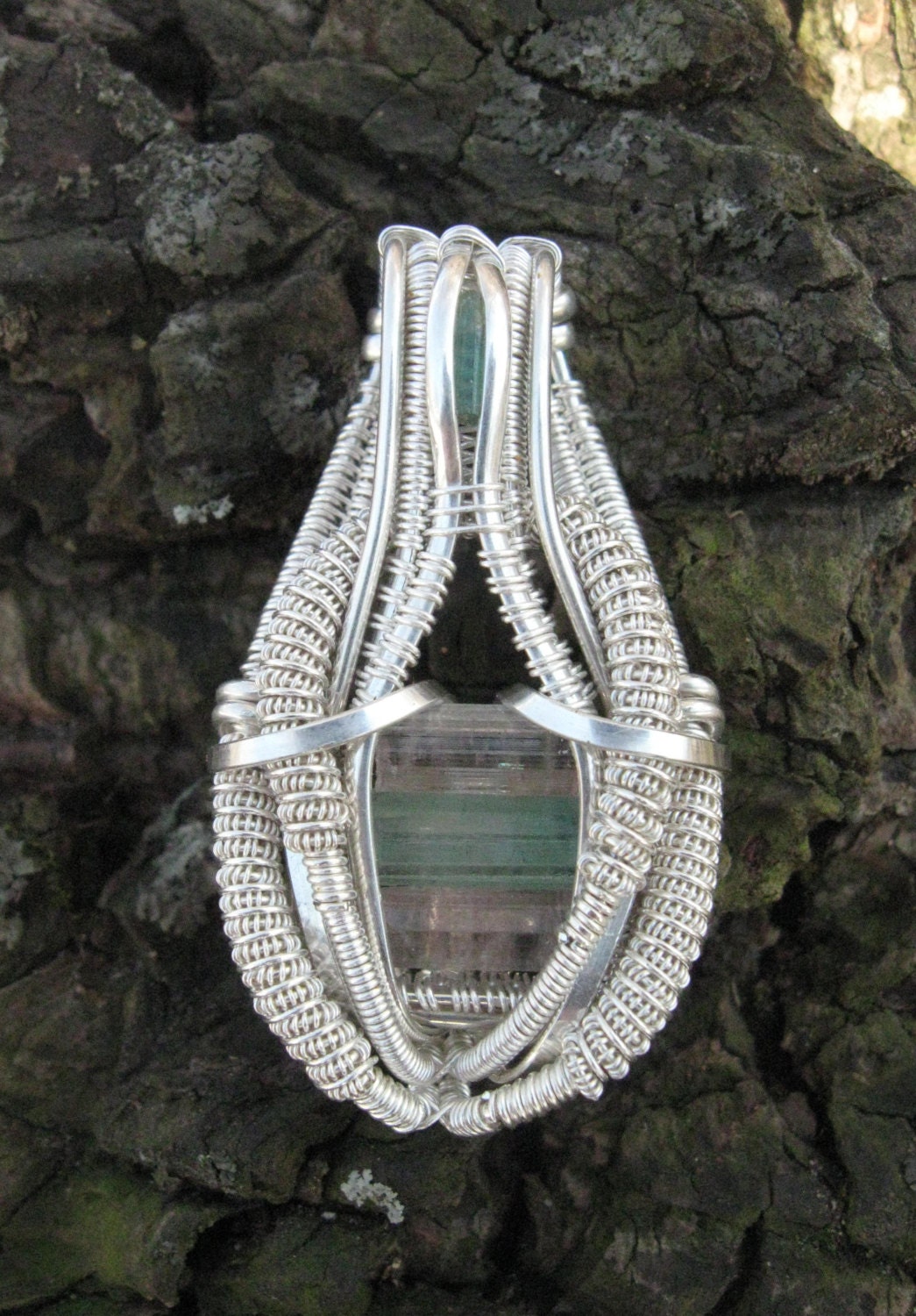 Stacked Tourmalines in Sterling Silver - Wire Wrapped Pendant - Artisan Jewelry