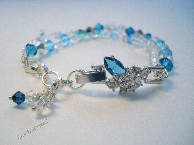Bracelet - Beaded -  Swarovski - Double Strand - Blue - Clear - Aquamarine - Gorgeous Clasp