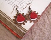 Gears & hearts earrings. Copper Clockwork Gears and Red Hearts. Handmade steampunk jewelry.