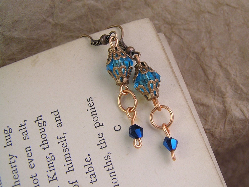 Blue crystal dangle earrings. Deep blue & copper. Victorian style handmade jewelry