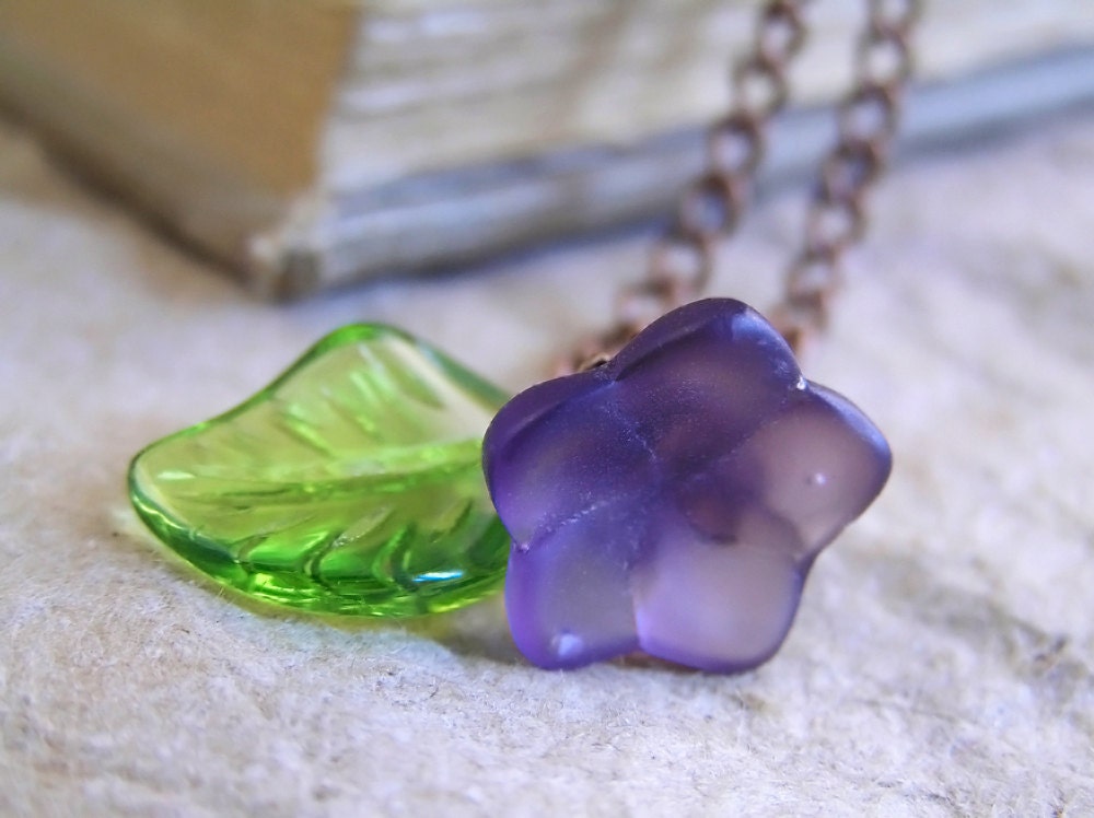 Purple Flower necklace. Spring blossom. Glass Flower & peridot green leaf bead. vintage style handmade jewelry. Spring floral necklace