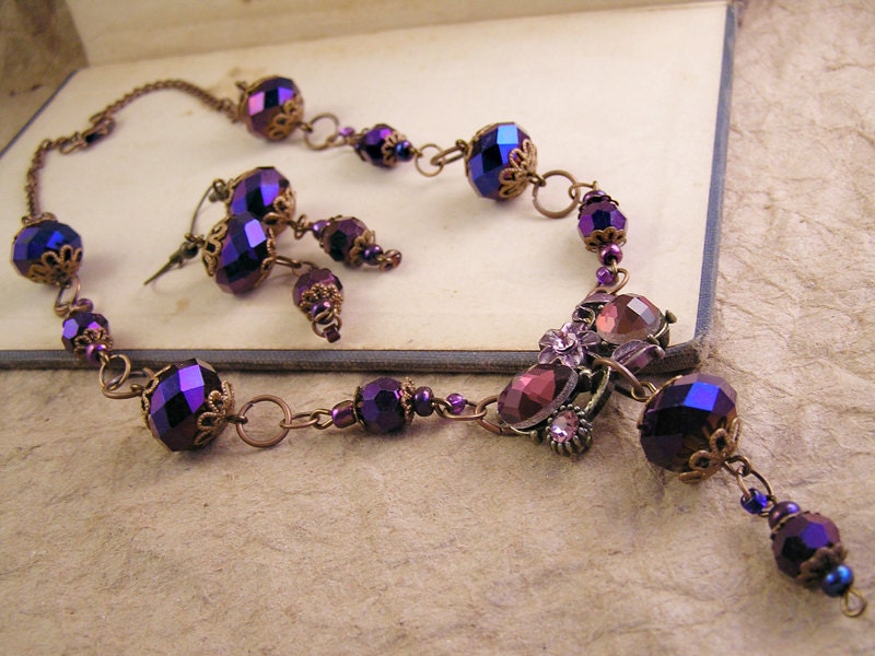 Purple Choker Necklace and Earring set . Romantic Victorian style handmade jewelry
