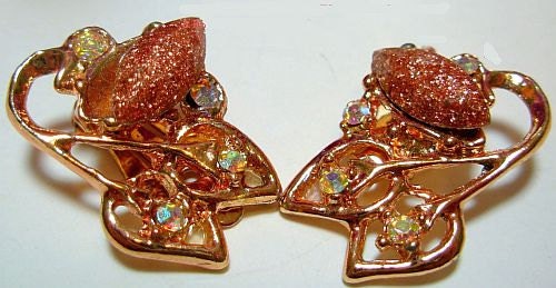 Vintage Earrings Copper Flux AB Rhinestones Sun Stone Copper Metal Clip Backs 1 1/4" VG