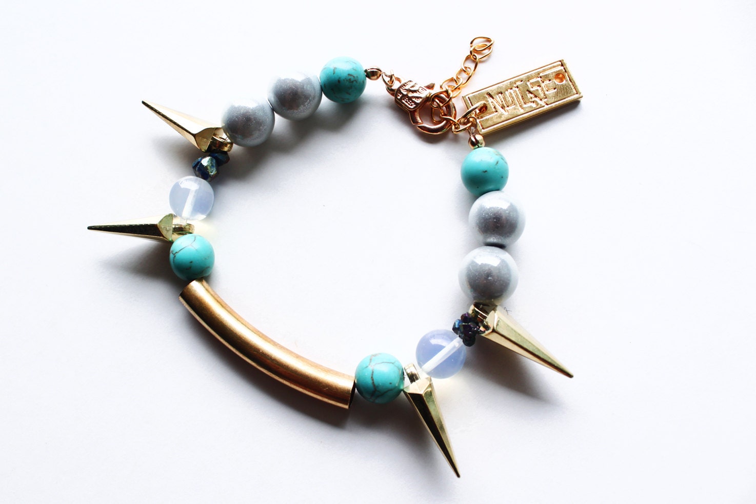 Remedy, arm candy bracelet boho, hologram beads, turquoise stones, moonstone, spikes, gold chain, SS13, statement, spacepunk, OOAK