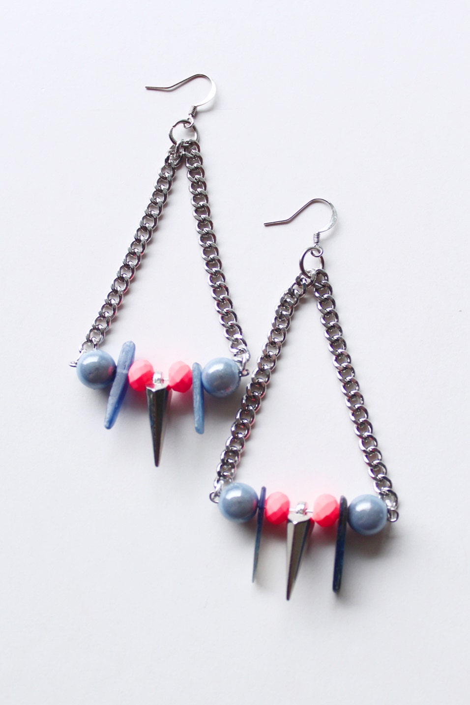 Timetraveller, dangle earrings, neon stone, hologram beads, gold spikes, triangle, bling, festival, boho, badass, SS13, spacepunk, OOAK