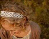 boho chic headband : vintage lace stretch headband, off white / ivory lace with mother of pearl button closure
