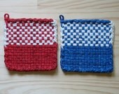 Red and Blue w White Color Block Checked Patriotic Colors Pair Woven Cotton Loop Loom Potholder Vintage Colorful Kitchen Farmhouse Style