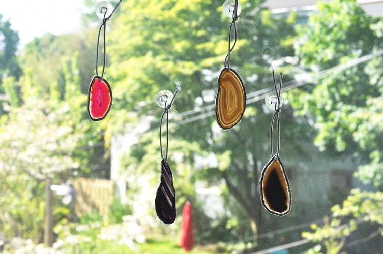 Agate Geode Ornament - group 10 - natural agate - teal agate - pink agate - amber agate - silver edge - eco friendly