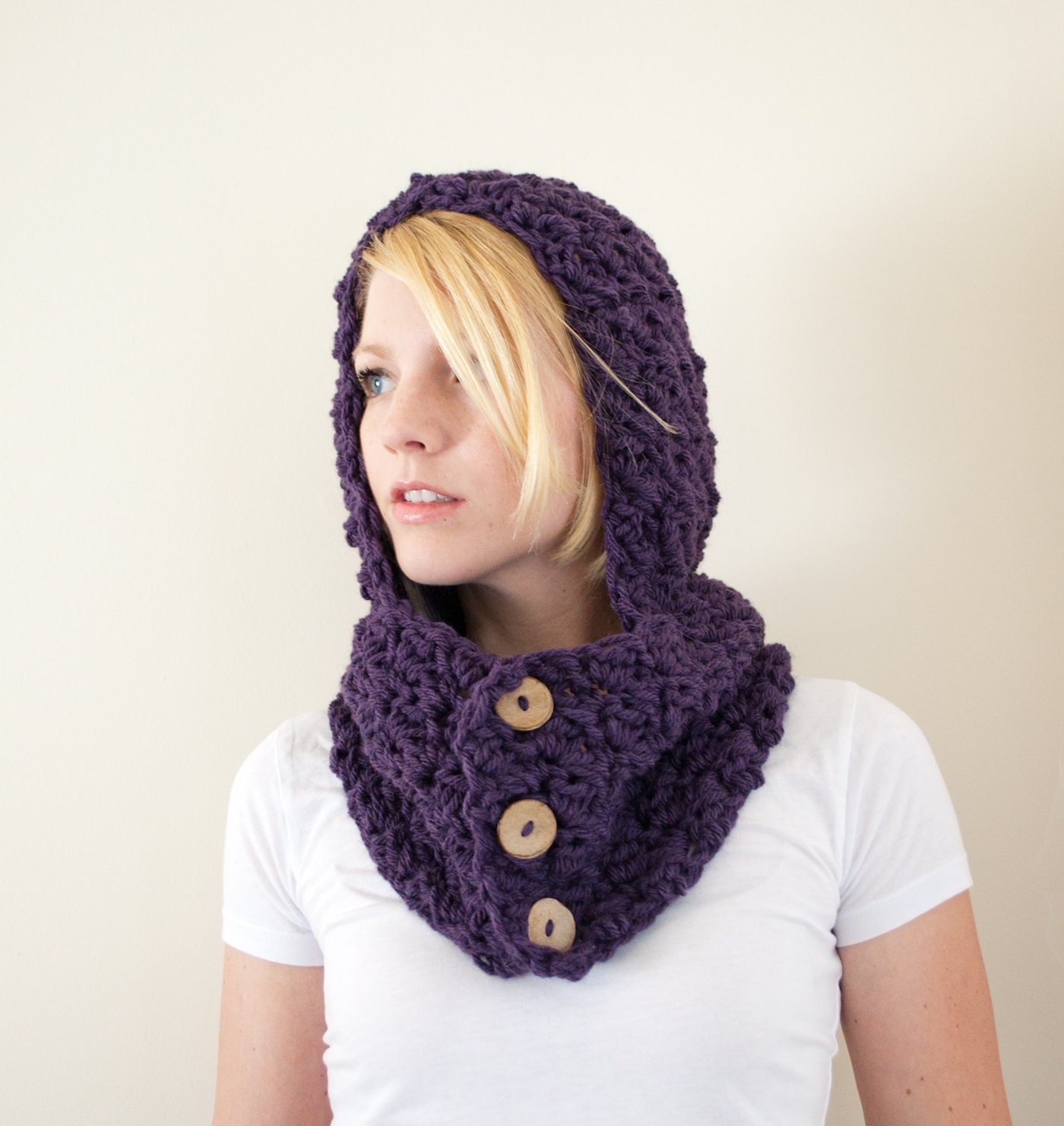 The Chunky Cowl Neckwarmer Scarf with Hood - Barley w/ buttons- Wool Blend