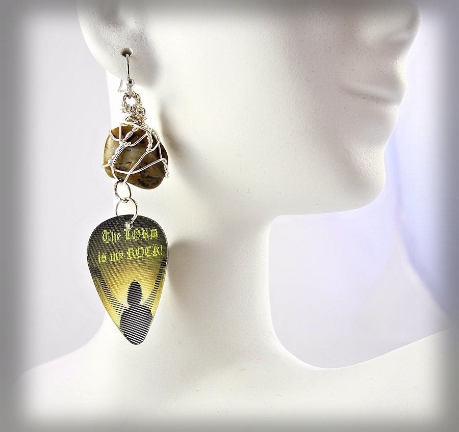 Guitar Pick Earrings - Motion Animated  "The Lord is My Rock" / Wire Wrapped River Rock - Unique Jewelry for a Unique You