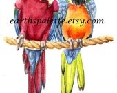 Watercolor Animal Painting, Parrots, 5x7 print. Nature. Wildlife. Exotic Tropical Birds Art. Earthspalette