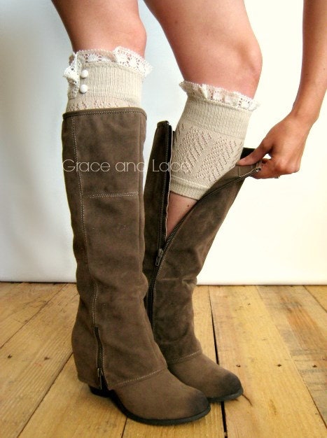 Dainty Lace Boot Cuffs 3 colors- TAN strechy knit boot topper lace trim & buttons - faux legwarmers - lace cuff - leg warmers (C10-29)