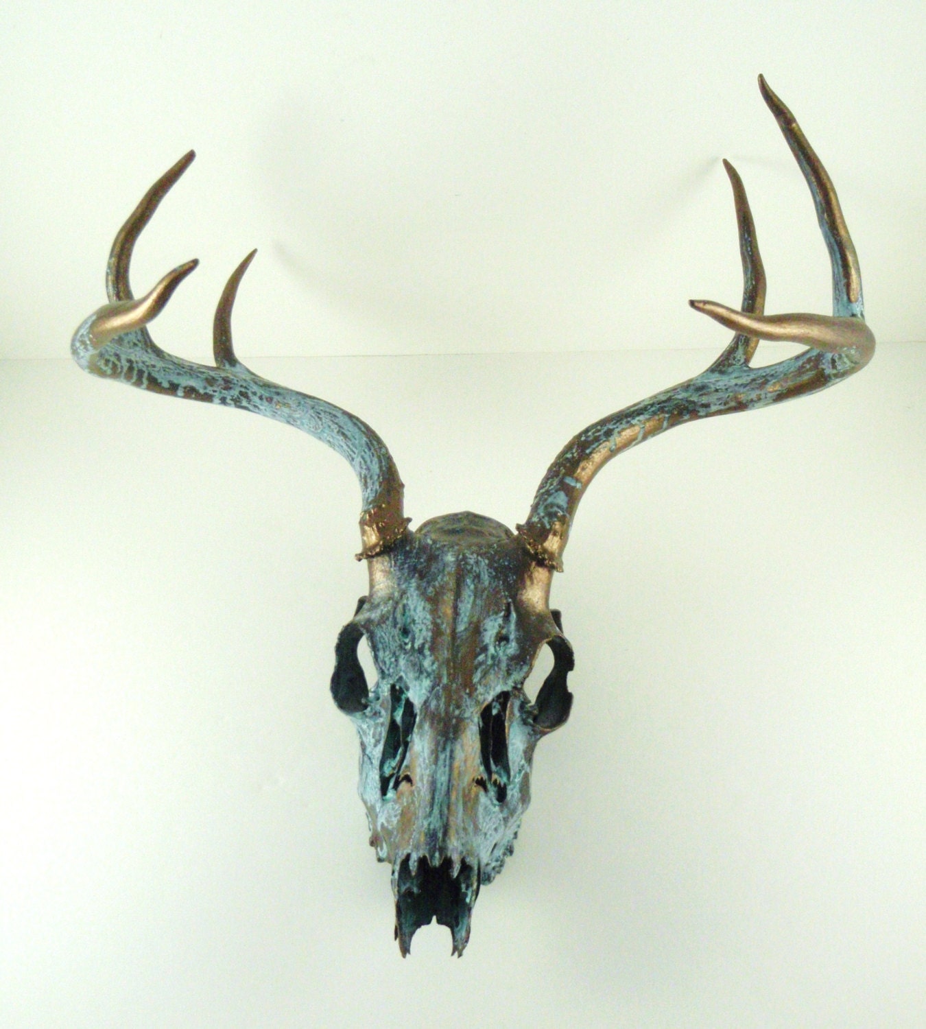 Deer Skull Taxidermy with Antlers Bronze Natural Turquoise Patina Painted Art Sculpture