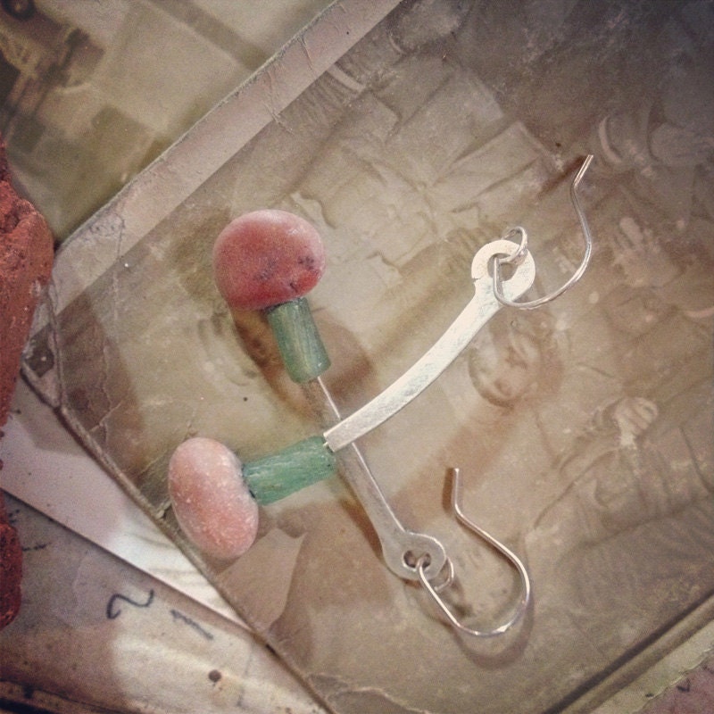 silver pink pebble and roman glass earrings