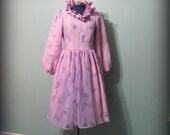 Vintage 70s Womens Dress Pink Purple Floral Print Long Sleeve Full Skirt Size Medium