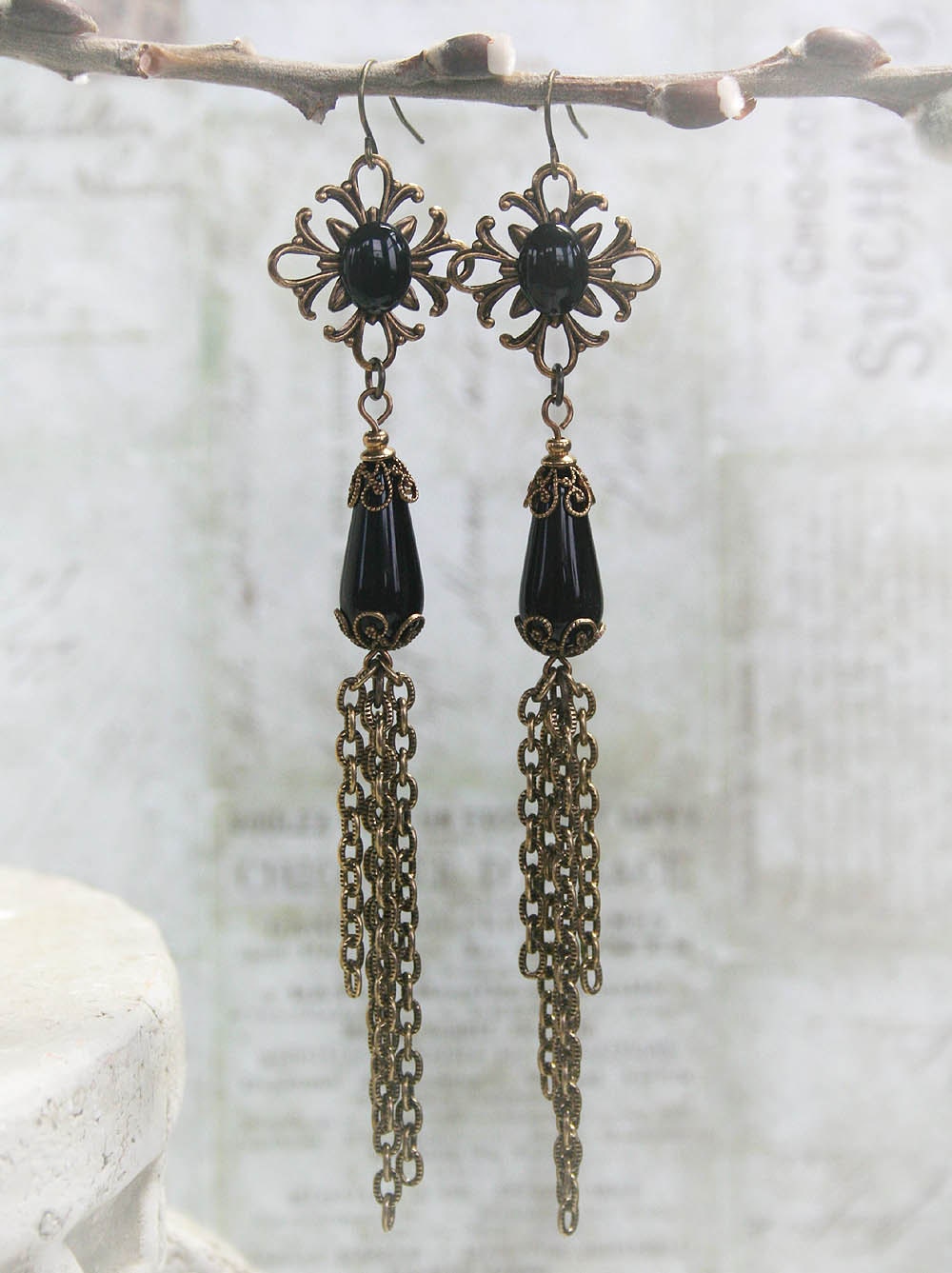 COQUETTE extra dangly boho tassel earrings in aged brass and black glass accents, free gift boxing