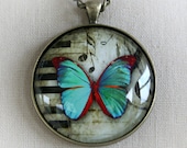 BUTTERFLY SYMPHONY inspirational butterfly and music LARGE art glass pendant on 18" chain, gift boxed